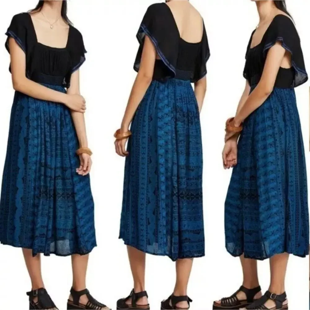 Free People Paradise Midi Small Blue Black Dress